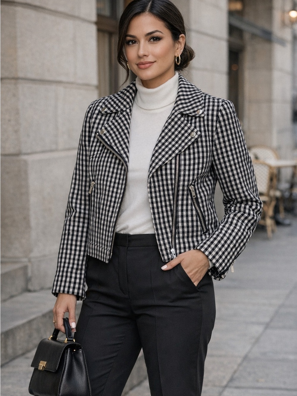 J.Crew Gingham Moto Jacket Blue & White Checkered Biker Preppy Classy Breathable